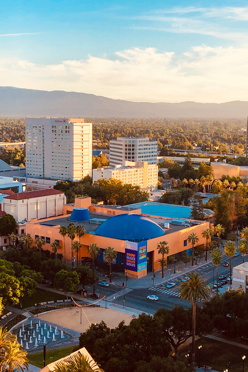 Aerial view of The Tech Interactive building in downtown San Jose
